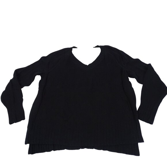 Old Navy Black Ribbed Trim V-Neck Sweater Women Size M Long Sleeve Side Slit - Picture 1 of 9
